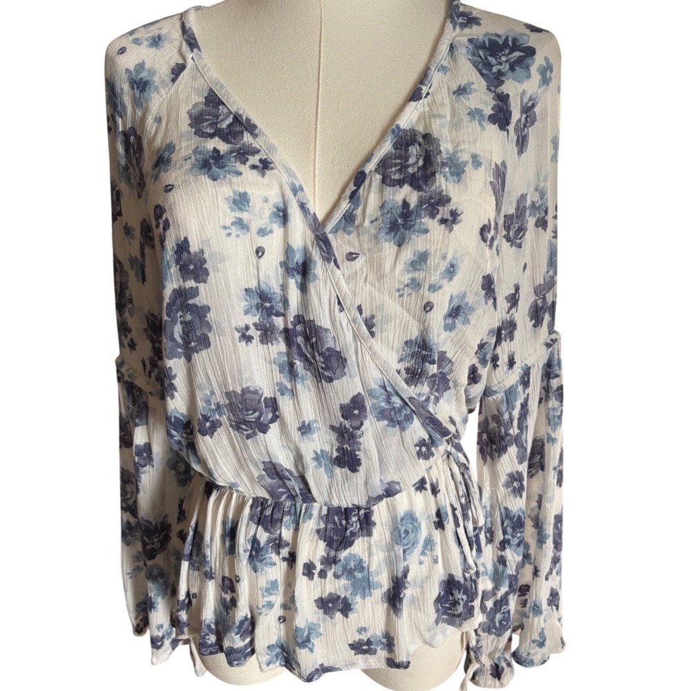 American Eagle Blue Floral Gauze Wrap Peplum Top Bell Sleeve Small